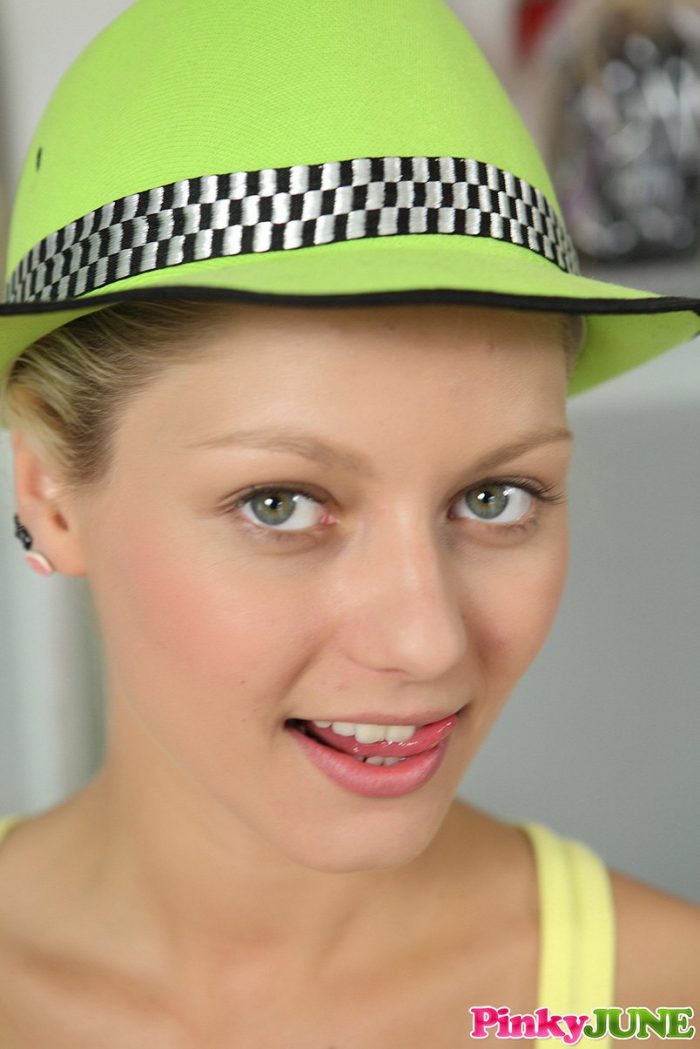 Young nice girl Pinky June masturbates with dildo in striped socks and hat-01